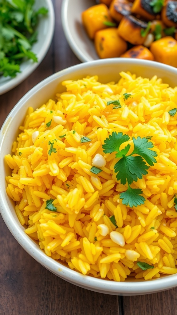 A bowl of fluffy garlic turmeric rice, golden and aromatic, garnished with cilantro on a wooden table.